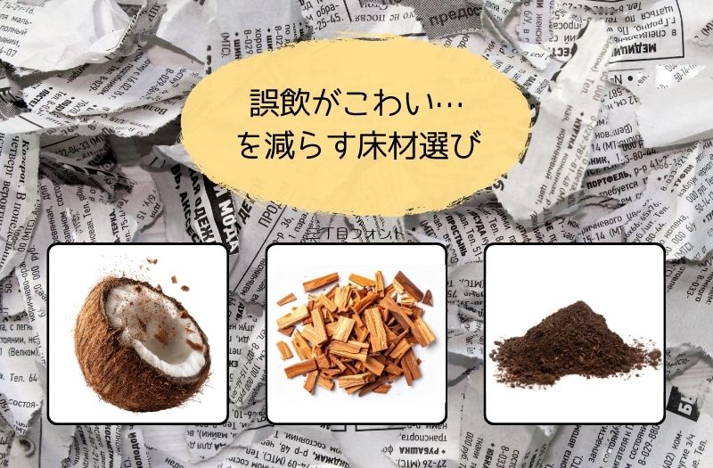 コーンスネークの誤飲リスクを減らす床材の種類を比較したイメージ