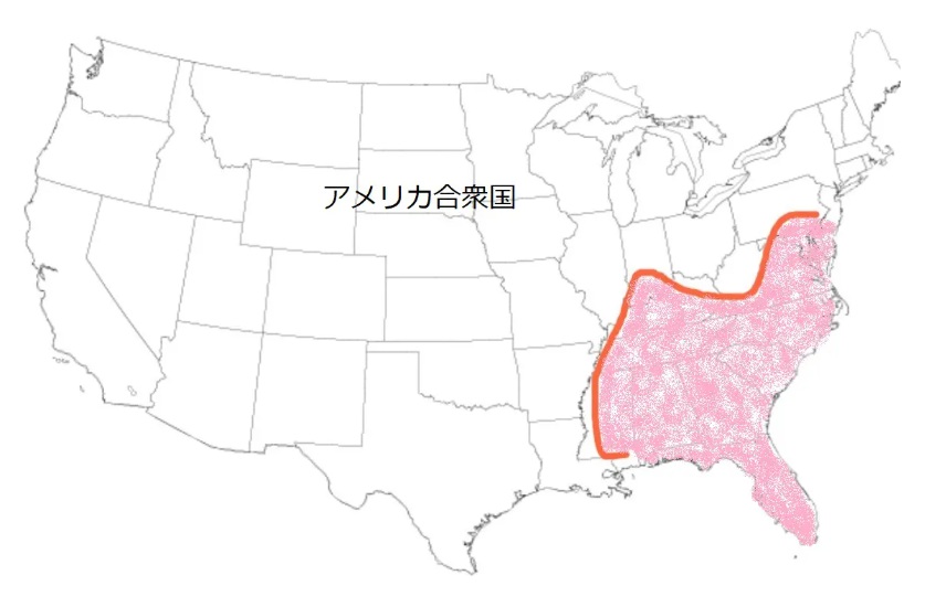 コーンスネークの原産国であるアメリカ東部から南東部の生息地を示した地図