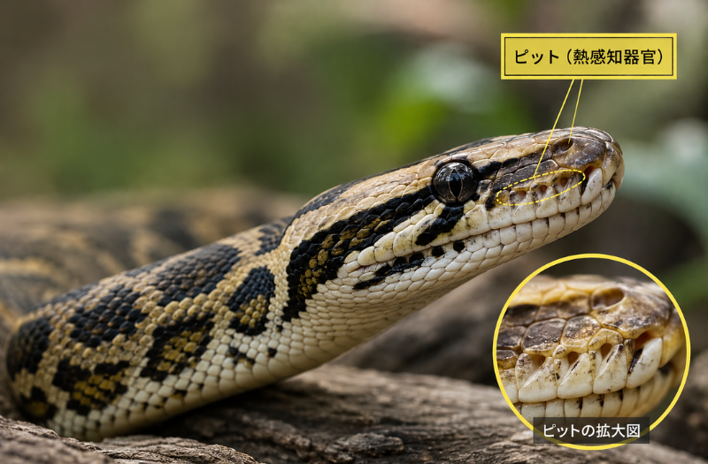 ニシキヘビの口元にある熱感知器官「ピット」の位置を示した拡大写真