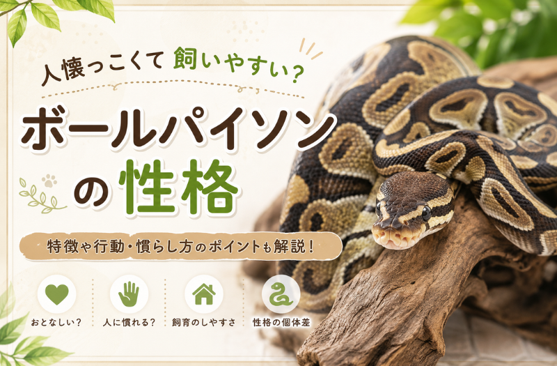 人懐っこくて飼いやすい？ボールパイソンの性格や特徴を解説するアイキャッチ画像